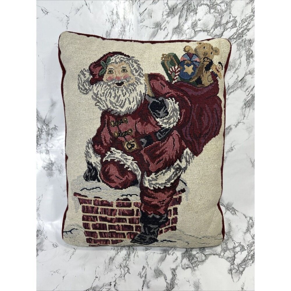 Vintage Santa Tapestry Throw Pillow Christmas Toys Chimney Snow 15 X 12